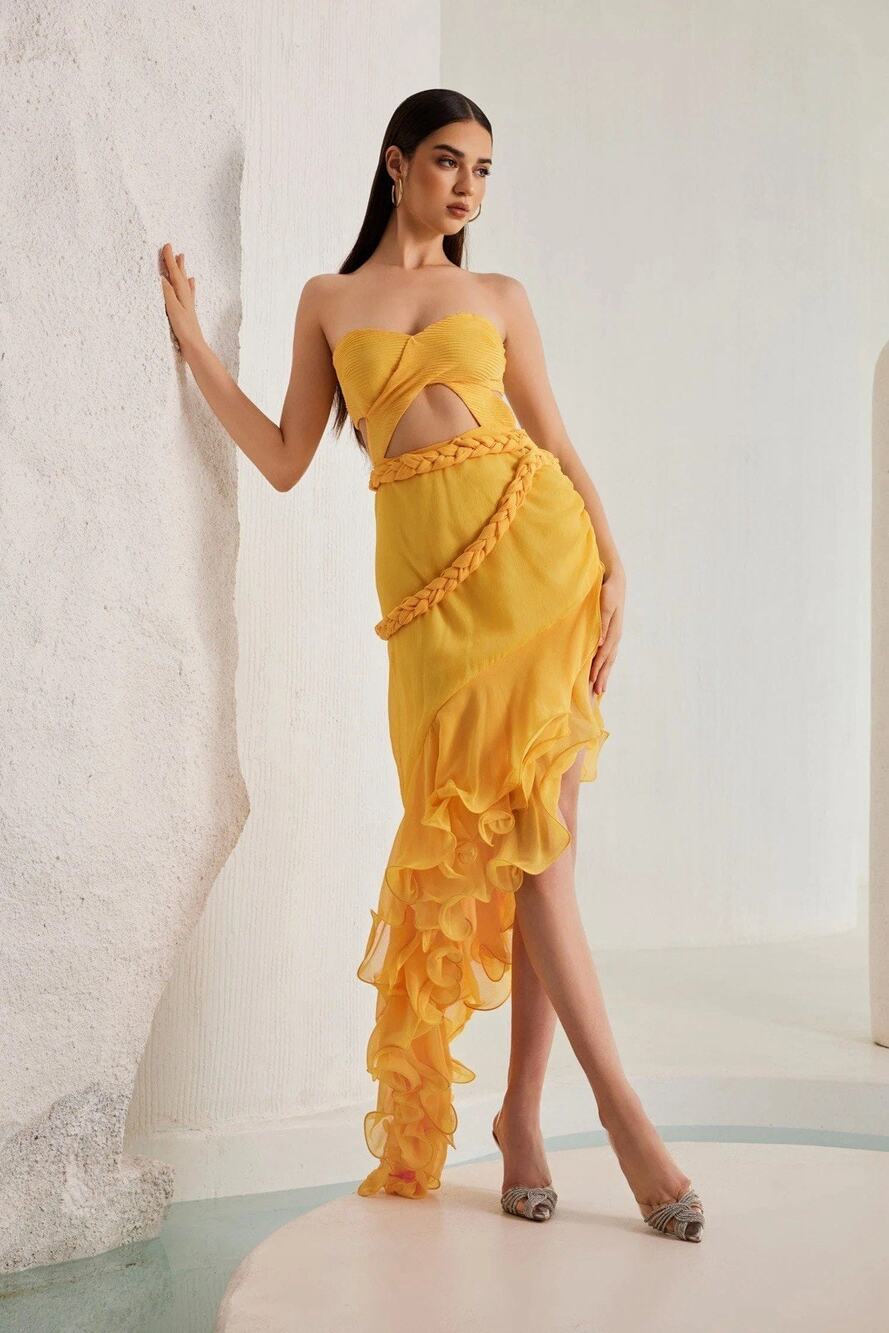 Bronx and Banco inspired Yellow Strapless High-Low Ruffle Dress